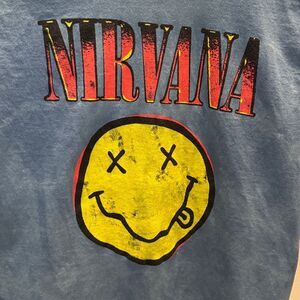 NIRVANA Distressed Blue Tee with Yellow Smiley Small NWOT